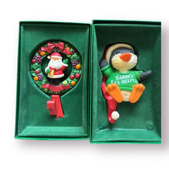 Hallmark Other - Hallmark Stocking Hanger Holders Vintage Christmas Penguin & Santa Claus Wreath